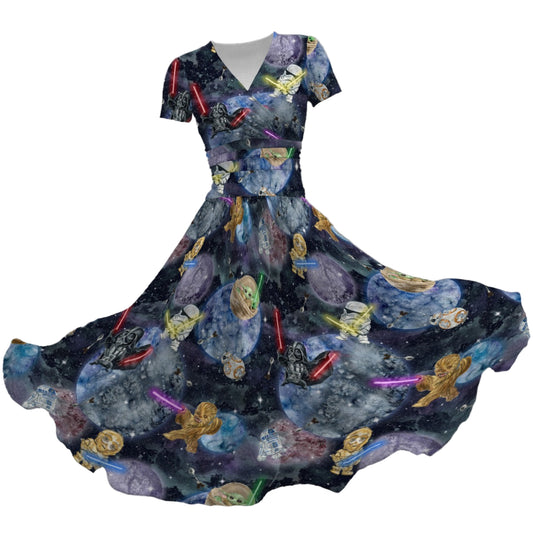 Watercolor Cosmic Battle - Women's V-Neck Ruched Midi Dress