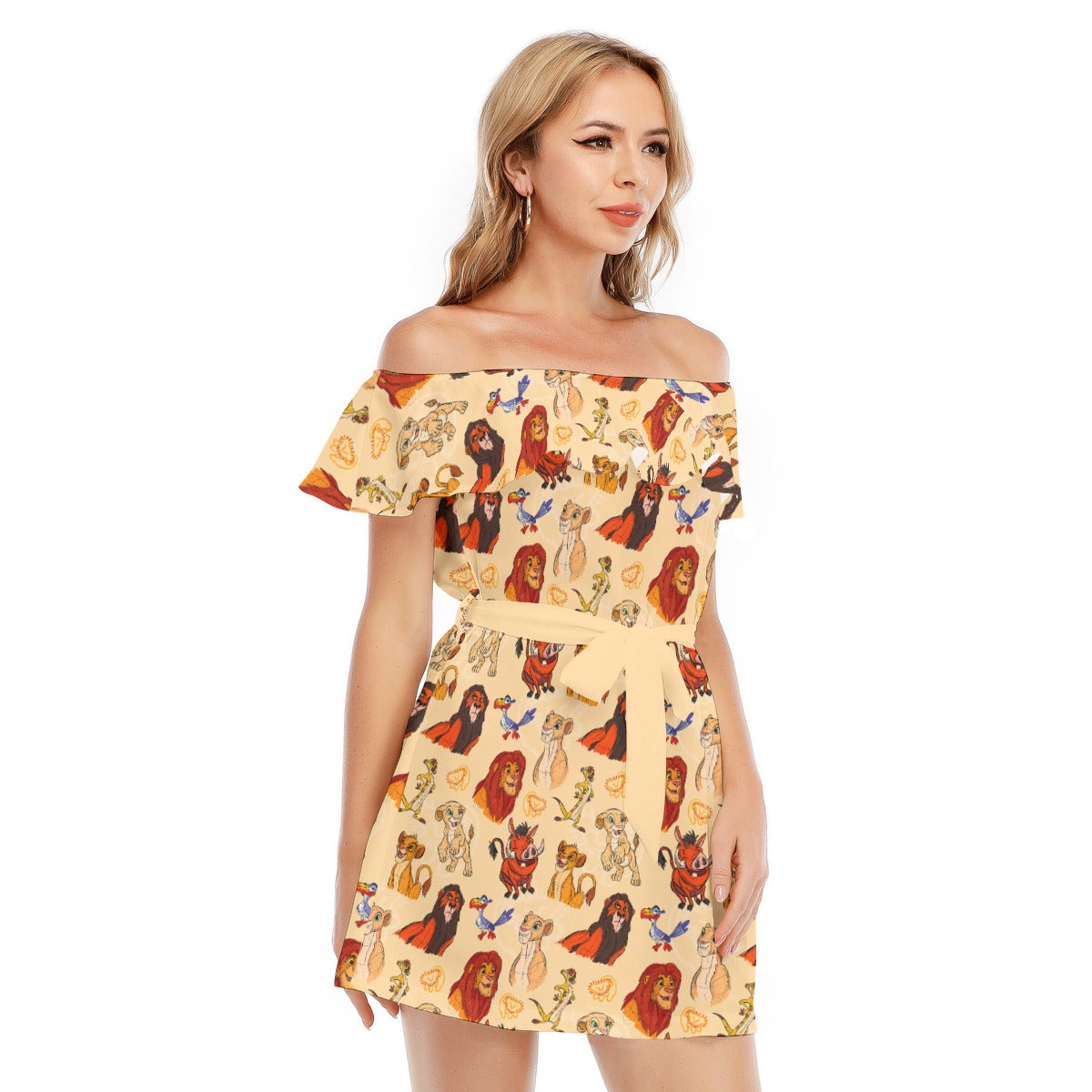 Sketched Savanna Friends - Women's Off-shoulder Ruffle Dress