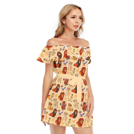 Sketched Savanna Friends - Women's Off-shoulder Ruffle Dress