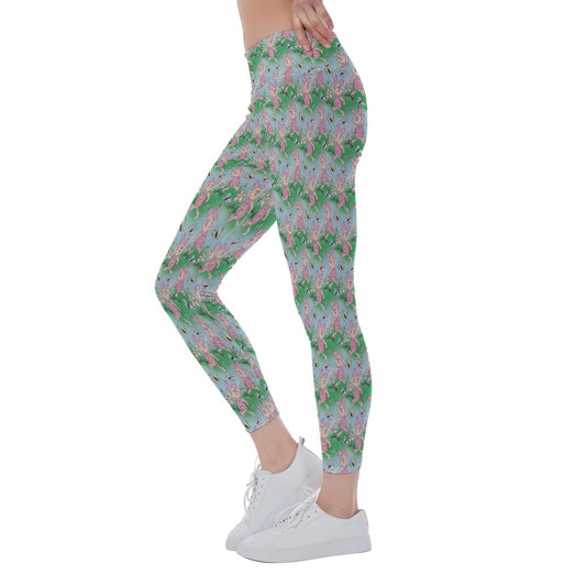 Sketched Shy Friend and Butterflies - Women's Yoga Leggings