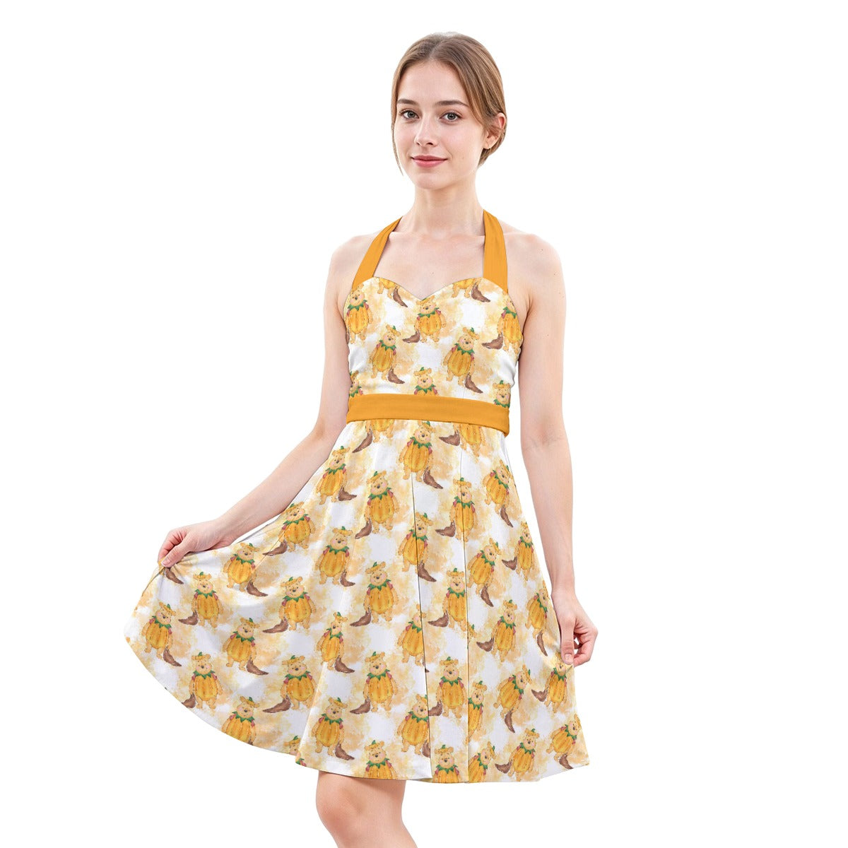 Pumpkin Bear Mischief - Women's Halter Vintage Pocket Dress