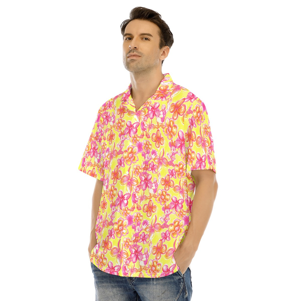 Neon Tropical Floral Mickey & Friends - Men's Hawaiian Button Up Shirt