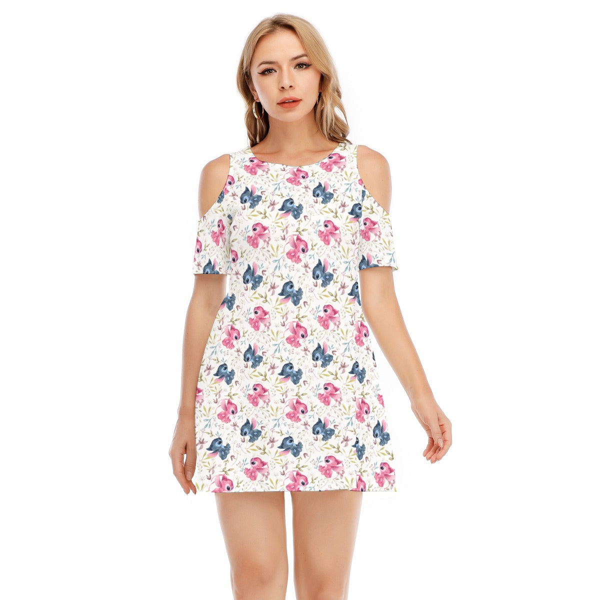 Blue Alien & Pink Friend Love - Women's Cold Shoulder Cotton Dress