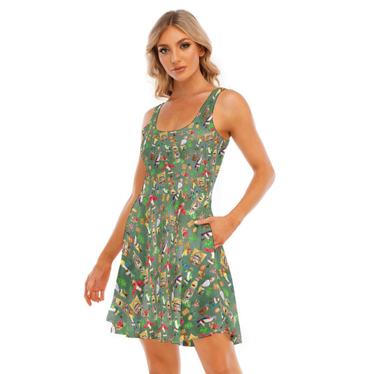 Orange Bird & Tiki Friends - Women's Sleeveless Pocket Skater Dress
