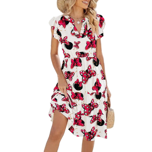 Polka Dot Bows & Mouse Ears - Women's Tiered Pocket Midi Dress