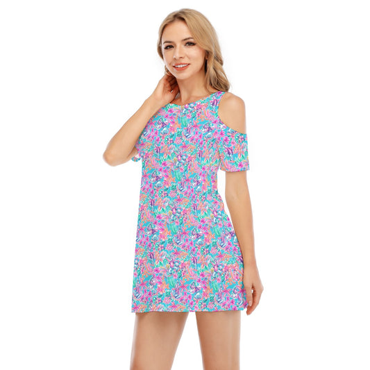 Tropical Bloom Fiesta - Playful Duoluto - Women's Cold Shoulder Cotton Dress