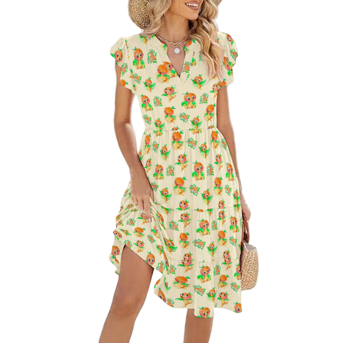Citrus Charm Bird - Women's Tiered Pocket Midi Dress