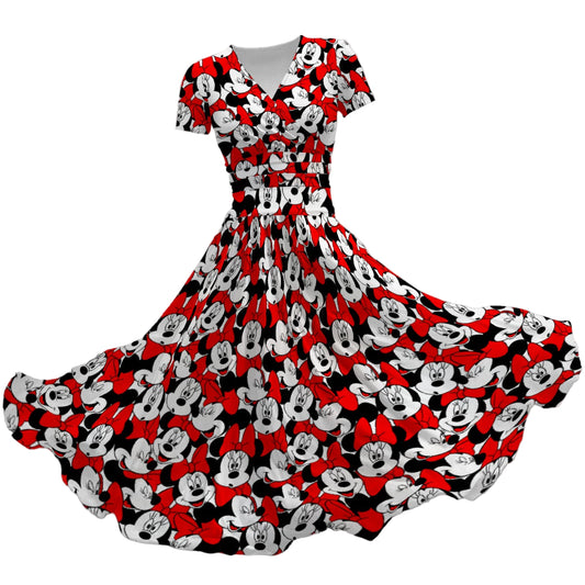 Many Faces of Polka Dot Mouse - Women's V-Neck Ruched Midi Dress