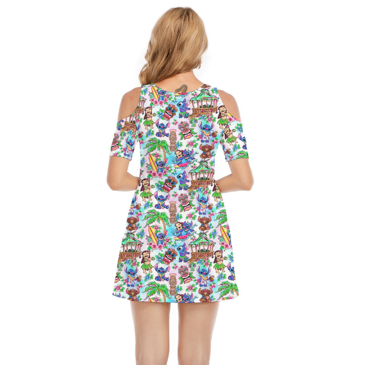 Bright Island Chaos Hand Drawn - Women's Cold Shoulder Cotton Dress