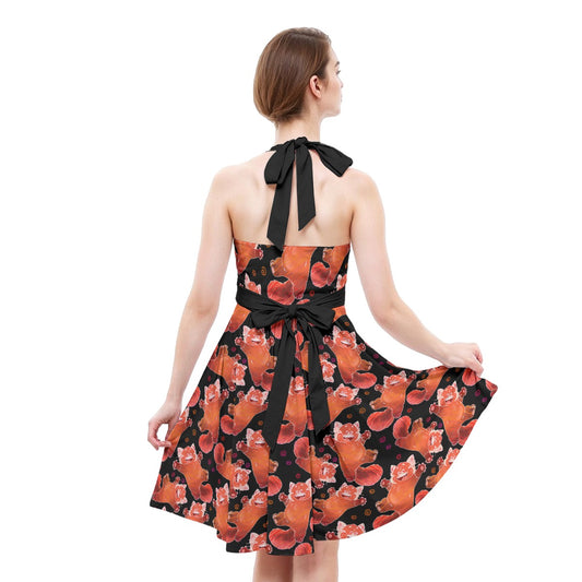 Scribbly Red Panda - Women's Halter Vintage Pocket Dress