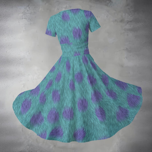 Turquoise Monster Spots - Women's V-Neck Ruched Midi Dress