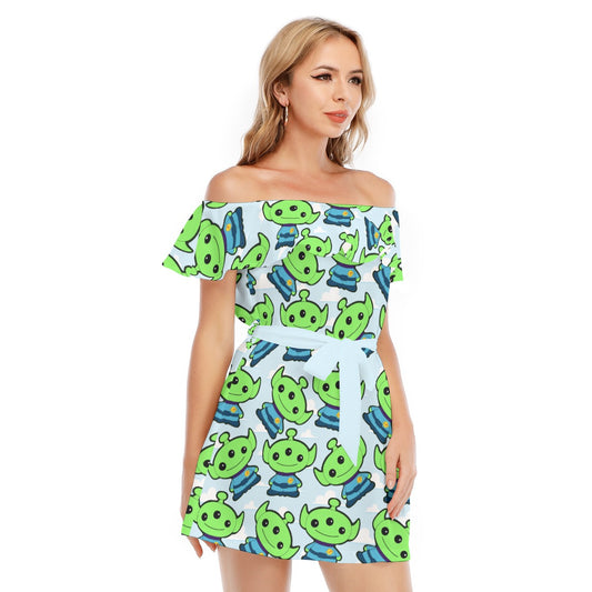Little Green Space Aliens - Women's Off-shoulder Ruffle Dress