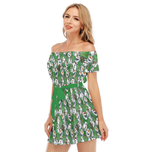 Sketched Snowman Christmas - Women's Off-shoulder Ruffle Dress