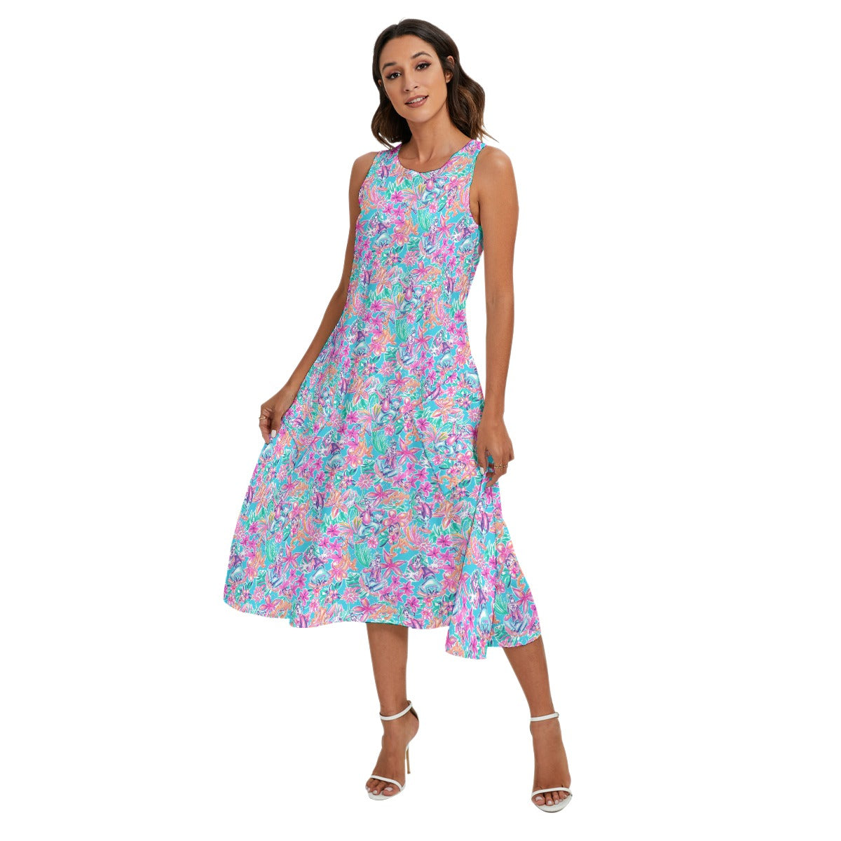 Bright Tropical Bloom - Goofy & Pluto - Women’s Diagonal Pocket Midi Dress