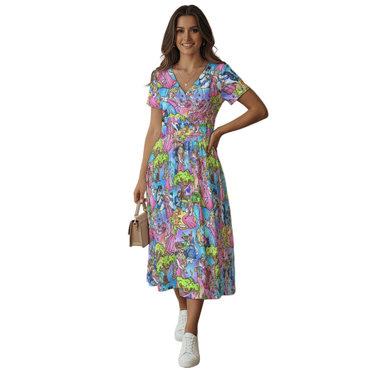 Dreaming Princess Storybook Scenes - Women's V-Neck Ruched Midi Dress