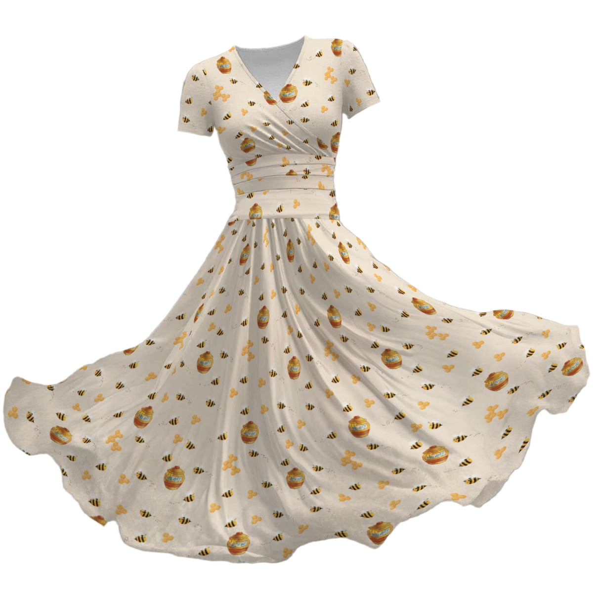 Sweet Hunny Pot & Bees - Women's V-Neck Ruched Midi Dress
