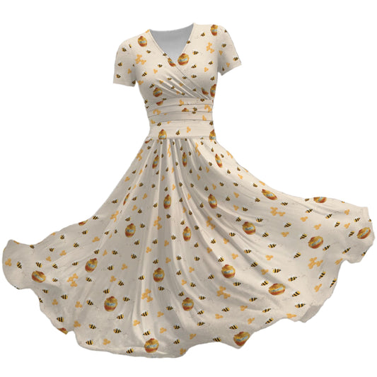 Sweet Hunny Pot & Bees - Women's V-Neck Ruched Midi Dress