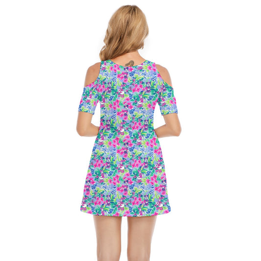 Bright Tropical Bliss - Island Mouse Duo - Women's Cold Shoulder Cotton Dress
