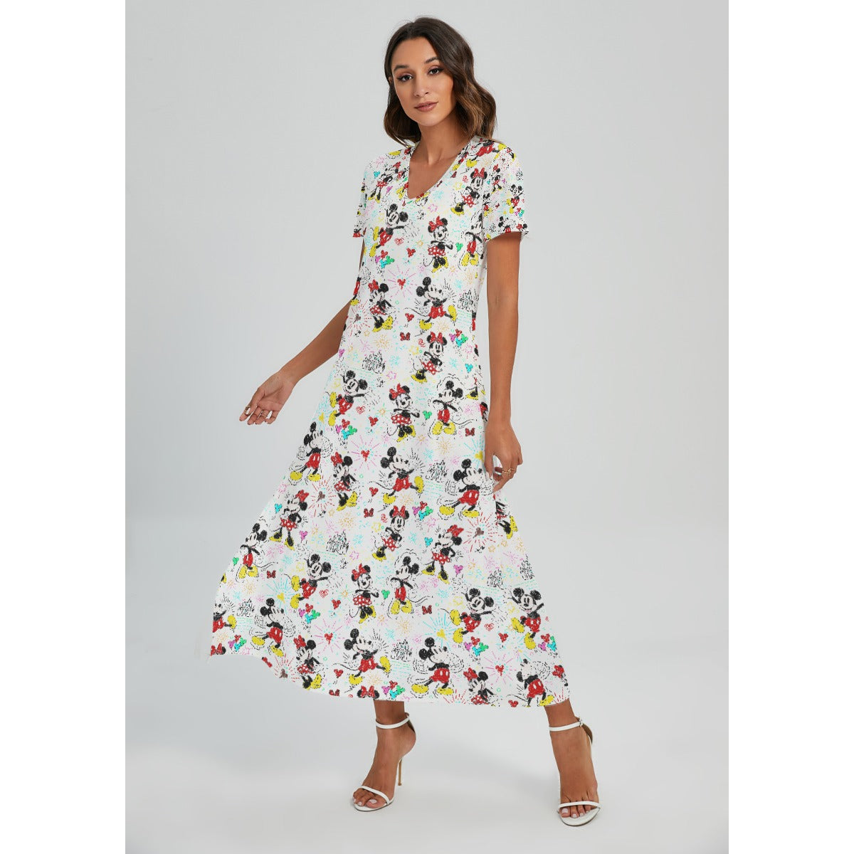 Doodle Mouse Magic - Women's V-Neck Side Split Maxi Dress