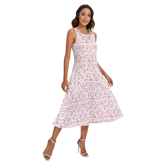 Sweet Kitten with Pink Bow - Women’s Diagonal Pocket Midi Dress