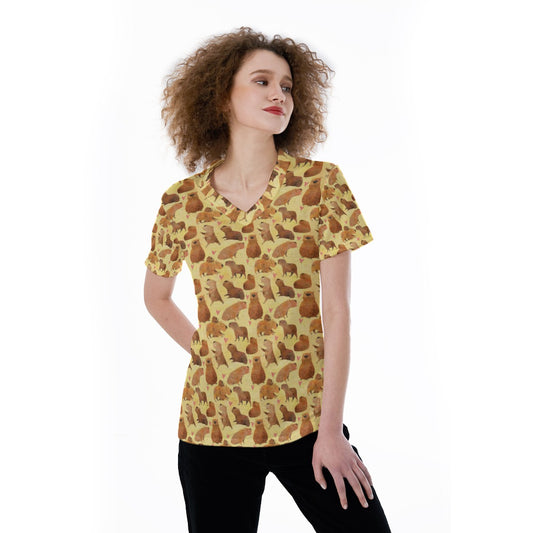 Capybara Love - Women's Short Sleeve V-Neck T-Shirt