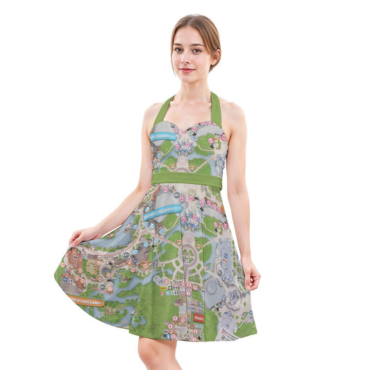 Vibrant Fantasy Park Map - Women's Halter Vintage Pocket Dress