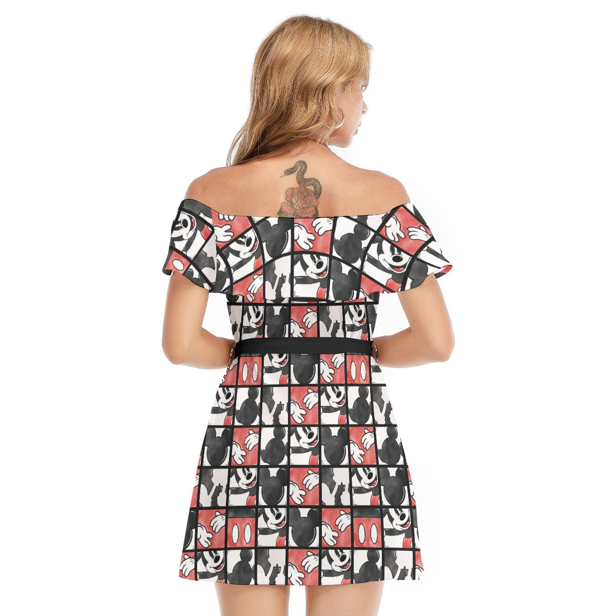 Mouse Block Party - Women's Off-shoulder Ruffle Dress