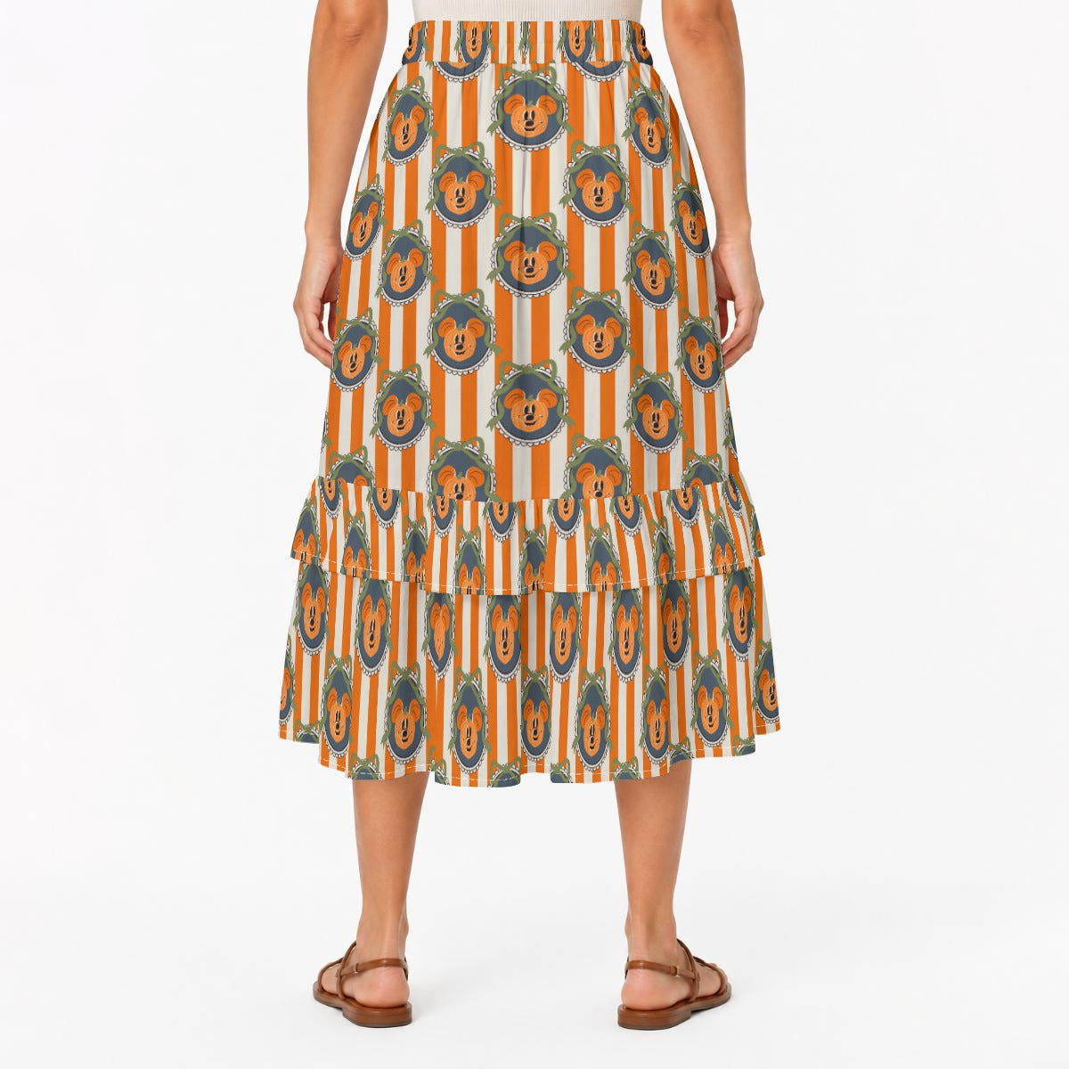 Pumpkin Cameo Stripes - Women’s Boho Ruffle Midi Skirt with Pockets