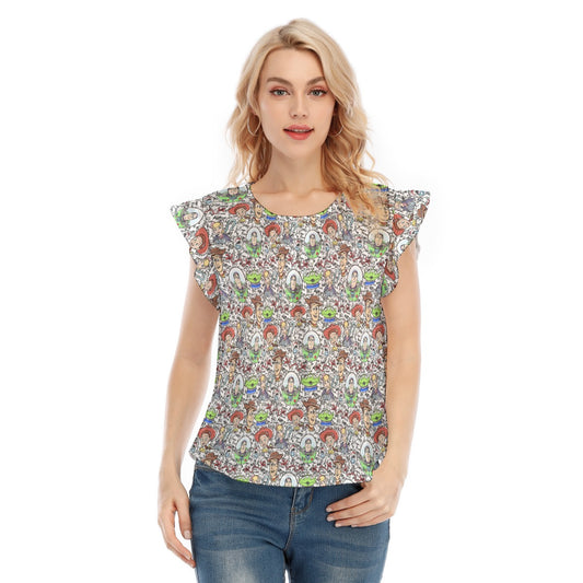 Sketch Autographs of Animated Toy Friends - Women’s Flutter Sleeve Top