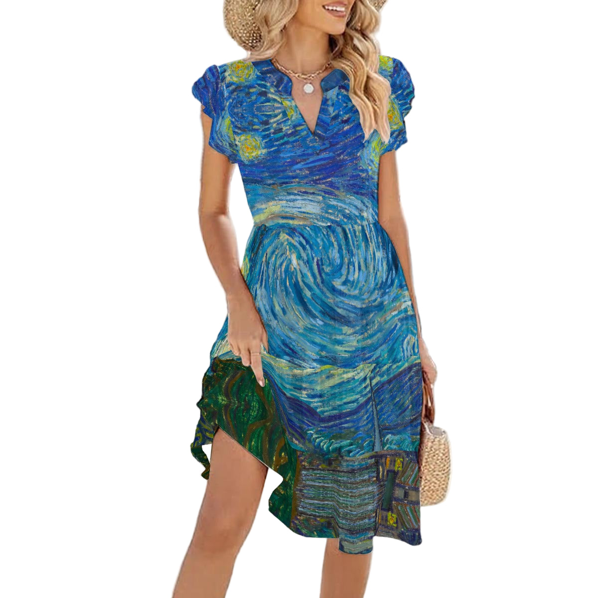 Van Gogh Starry Night - Women's Tiered Pocket Midi Dress