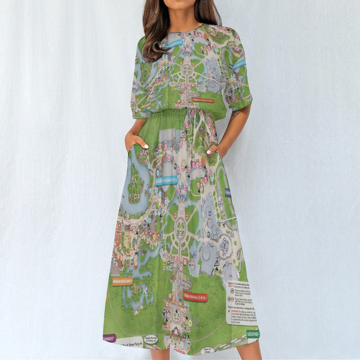 Vibrant Fantasy Park Map - Women’s Elastic Waist Pocket Midi Dress