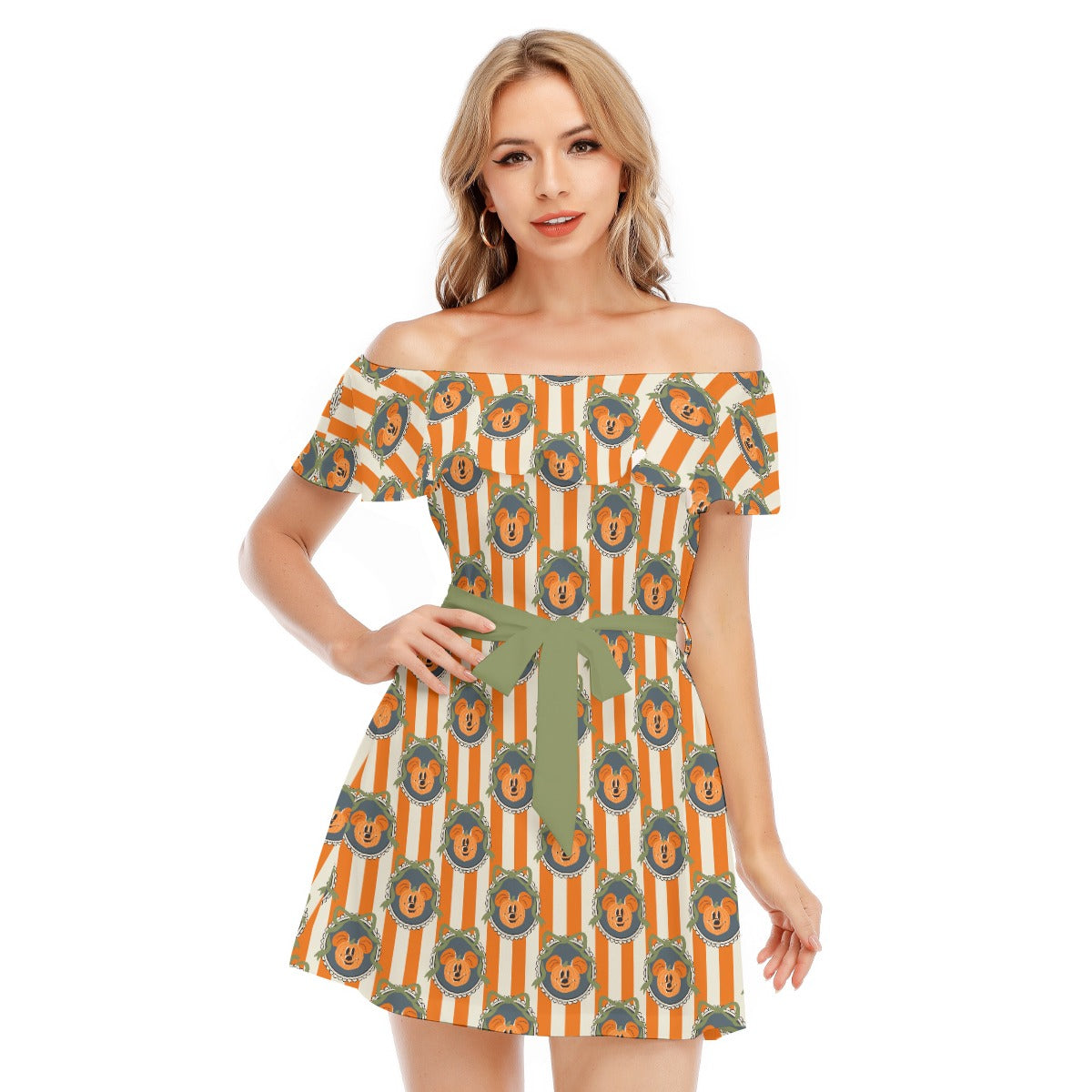 Pumpkin Cameo Stripes - Women's Off-shoulder Ruffle Dress