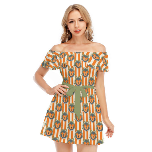 Pumpkin Cameo Stripes - Women's Off-shoulder Ruffle Dress