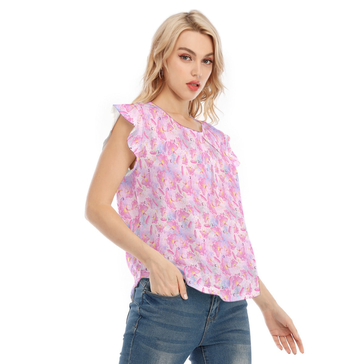 Pink Crystal Lunar Moths - Women’s Flutter Sleeve Top