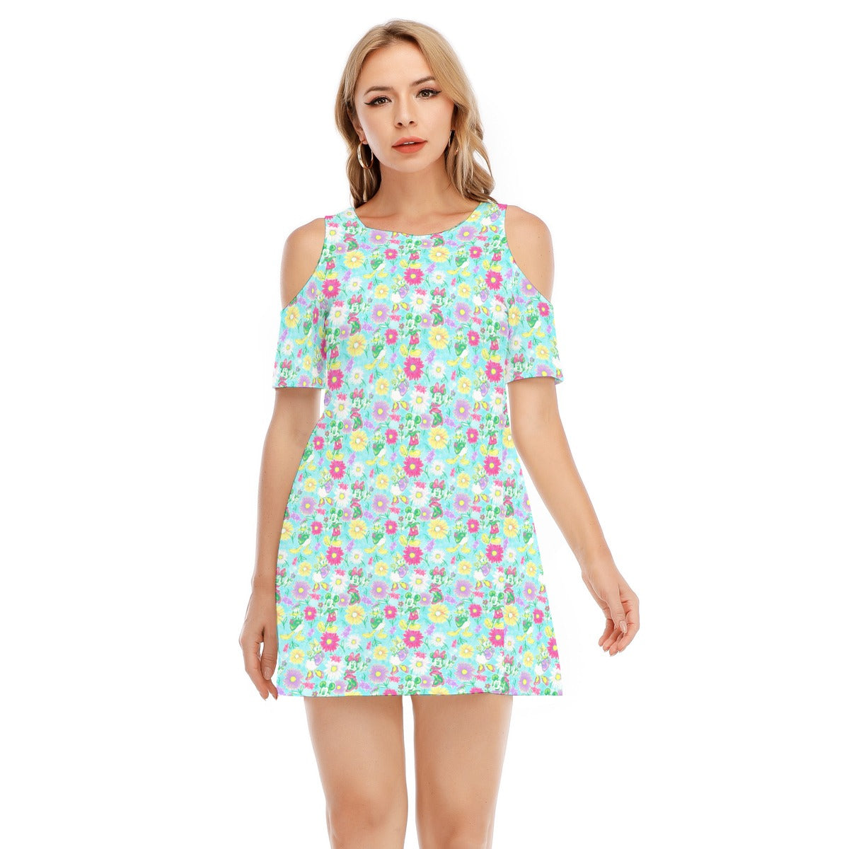 Neon Spring Floral Friendsends - Women's Cold Shoulder Cotton Dress