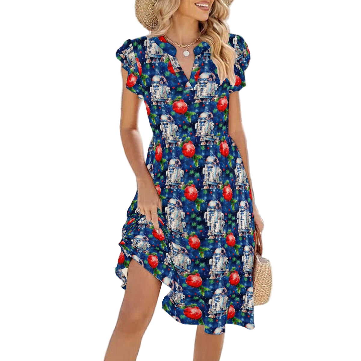 Little Blue Christmas Droid - Women's Tiered Pocket Midi Dress