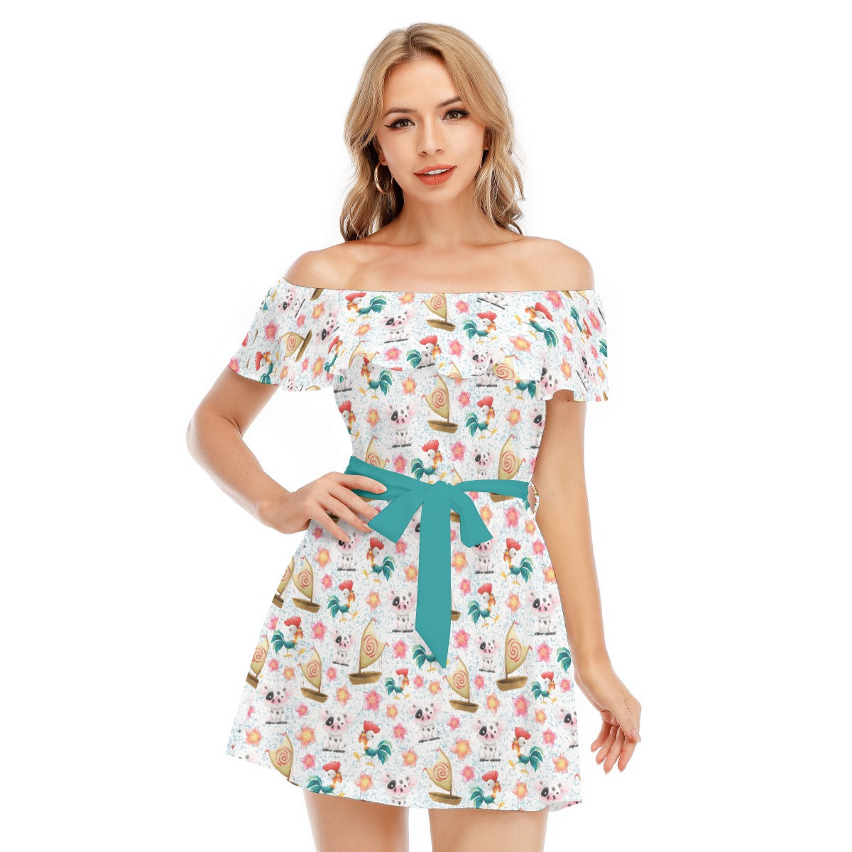 Island Pig & Rooster Duo - Women's Off-shoulder Ruffle Dress