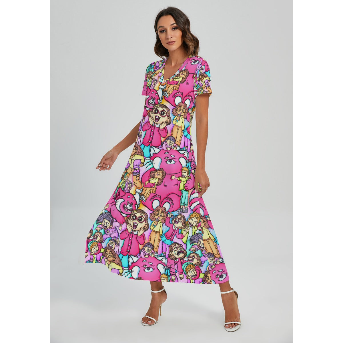 Red Panda Chaos Scenes - Women's V-Neck Side Split Maxi Dress