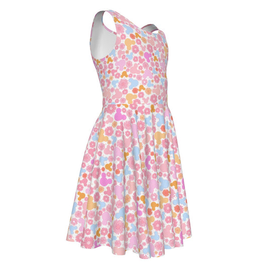 Retro Floral Mouse - Kid's Sleeveless Skater Dress