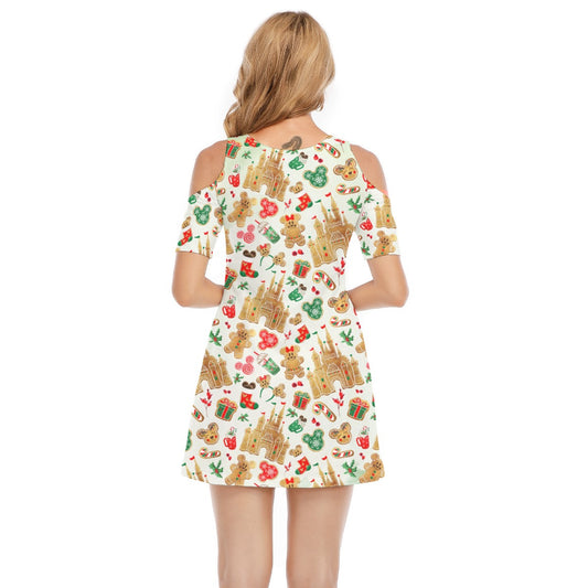 Gingerbread Castle Holiday Treats - Women's Cold Shoulder Cotton Dress