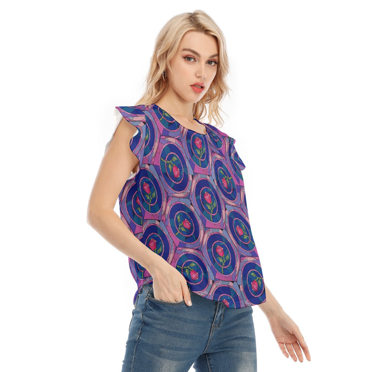 Enchanted Rose Stained Glass - Women’s Flutter Sleeve Top