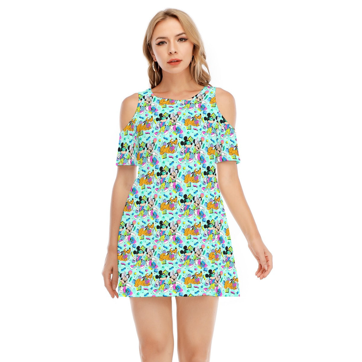 80s Pop Party Pals - Women's Cold Shoulder Cotton Dress