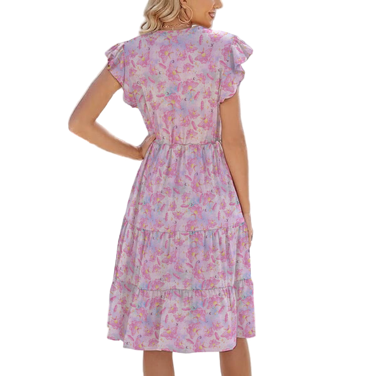 Pink Crystal Lunar Moths - Women's Tiered Pocket Midi Dress