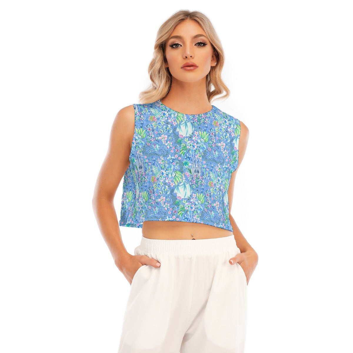 Bright Tropical Princess - Royal Beach Day - Women’s Sleeveless Cropped Tee