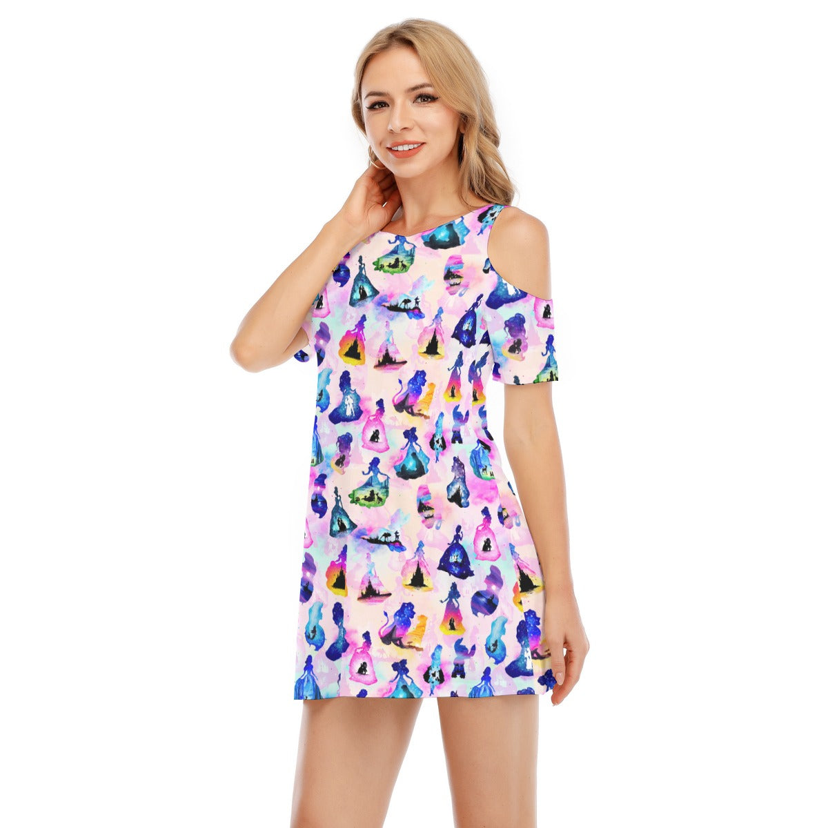 Princess And Classic Animation Silhouettes - Women's Cold Shoulder Cotton Dress