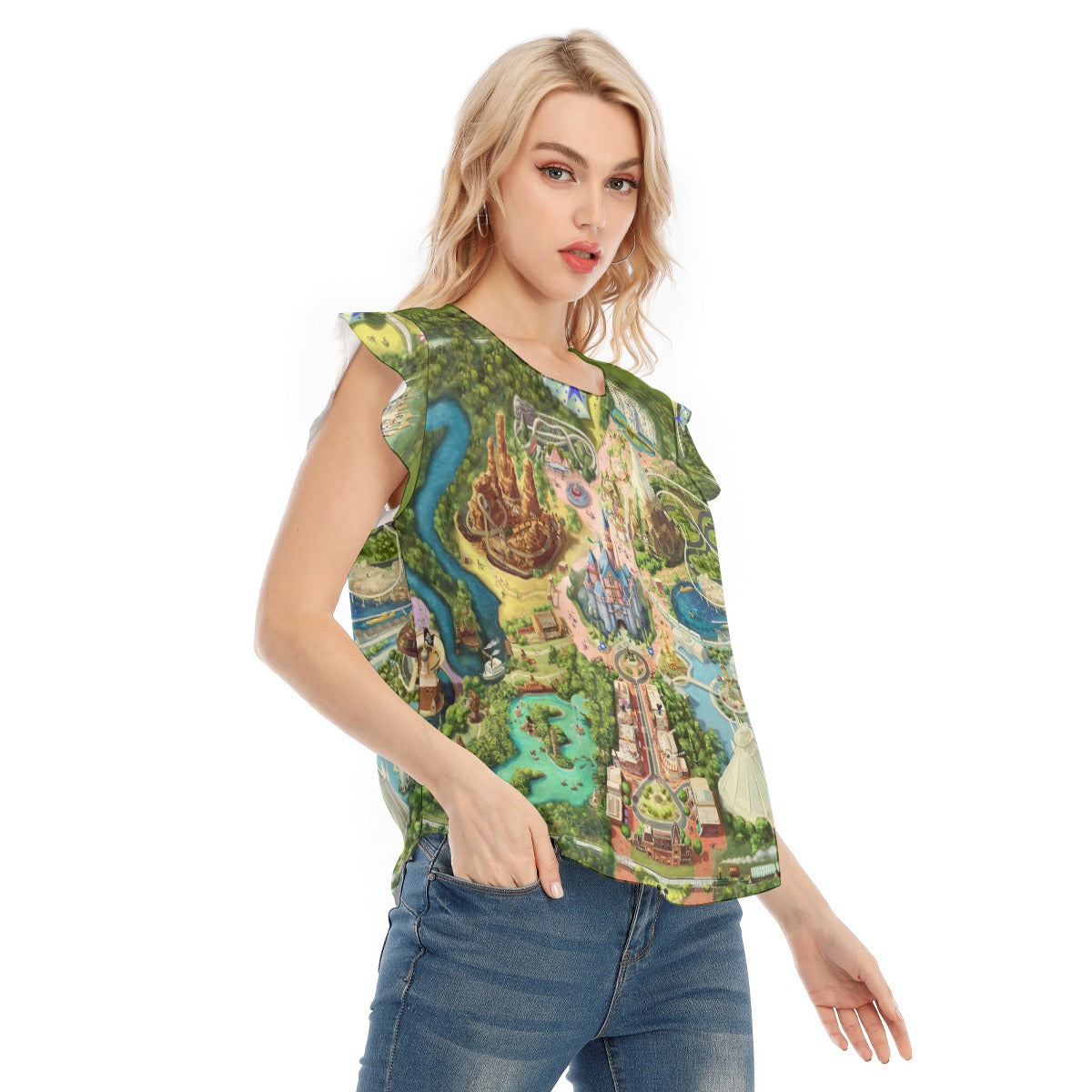 Colorful Theme Park Map - Women’s Flutter Sleeve Top