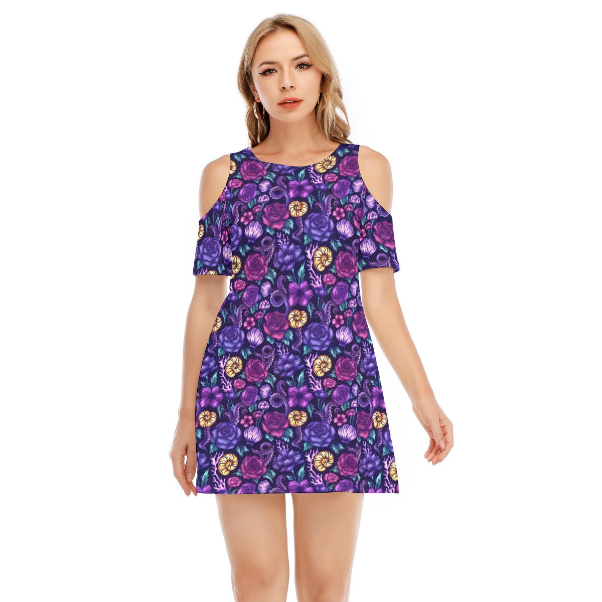 Fairytale Florals – Dark Sea Witch - Women's Cold Shoulder Cotton Dress