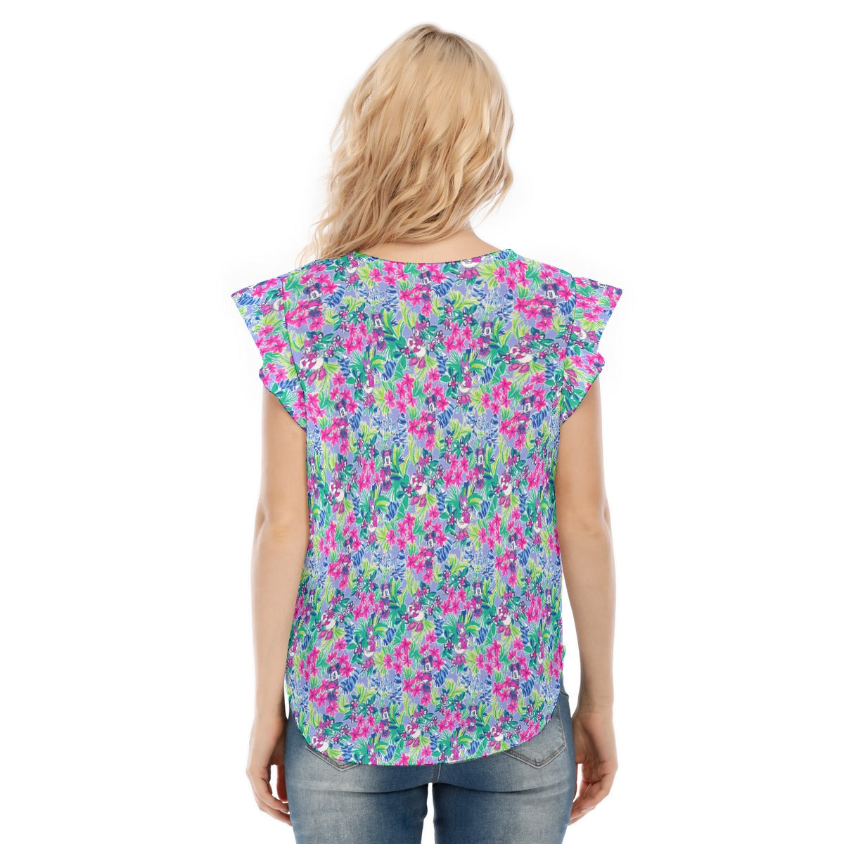 Bright Tropical Bliss - Island Mouse Duo - Women’s Flutter Sleeve Top