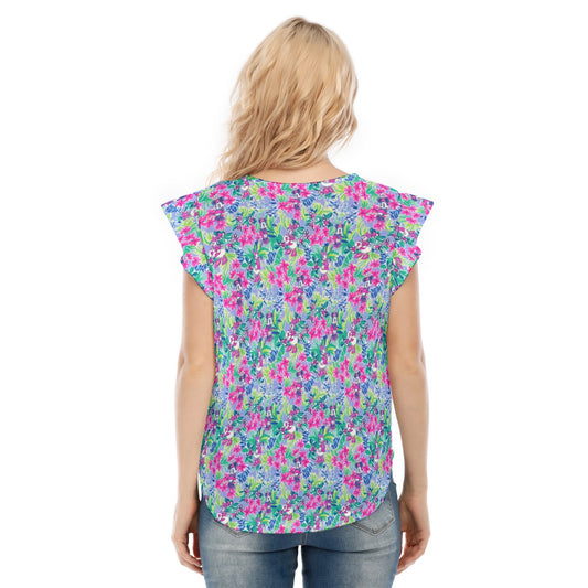 Bright Tropical Bliss - Island Mouse Duo - Women’s Flutter Sleeve Top