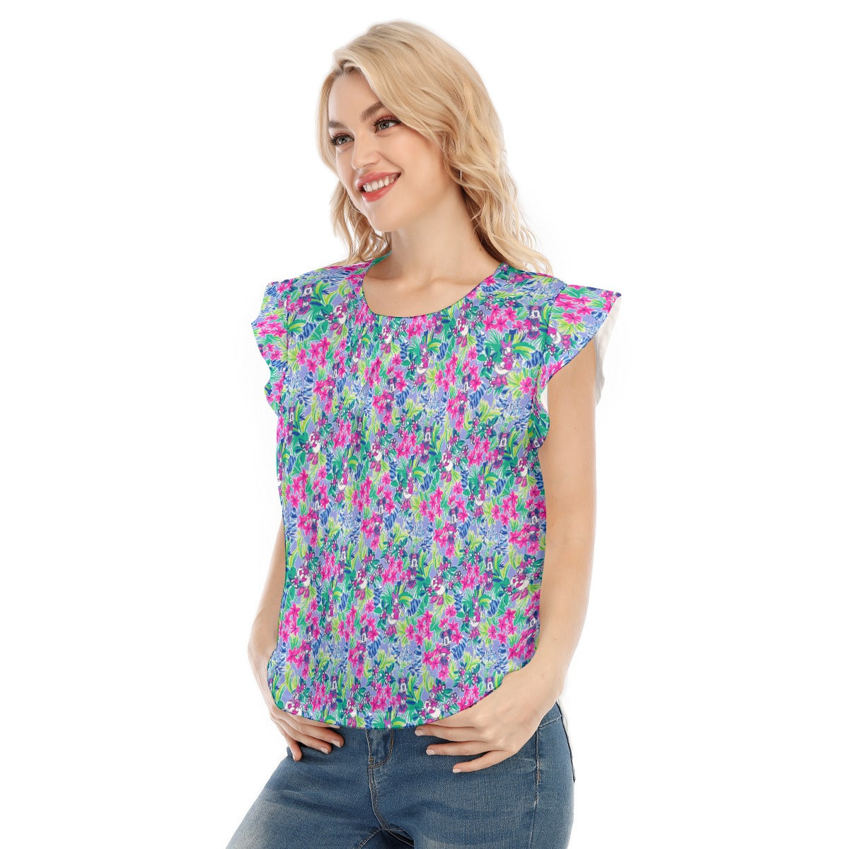 Bright Tropical Bliss - Island Mouse Duo - Women’s Flutter Sleeve Top